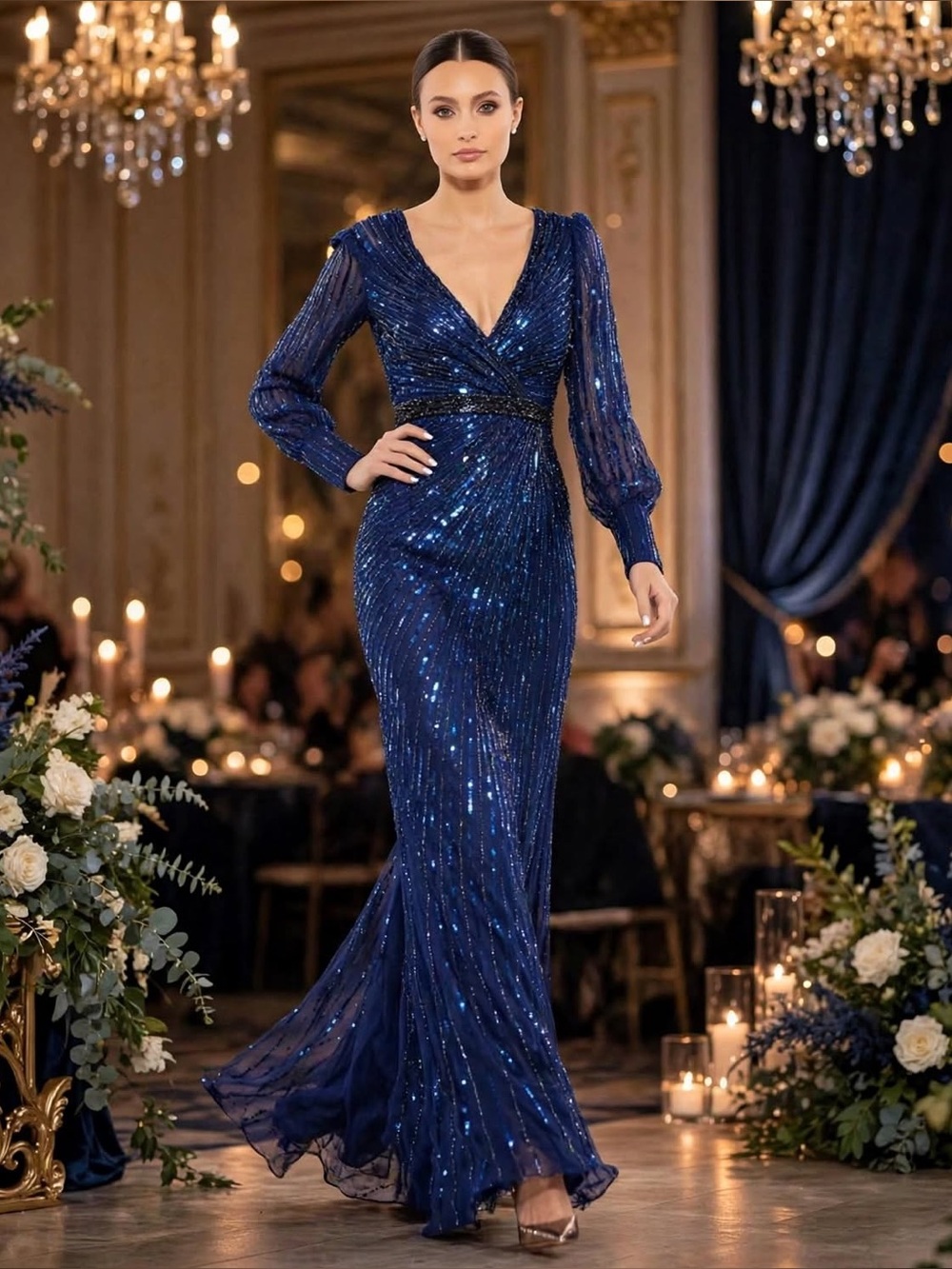 Mac Duggal Elegant Blue Sequin Evening Gown size 8